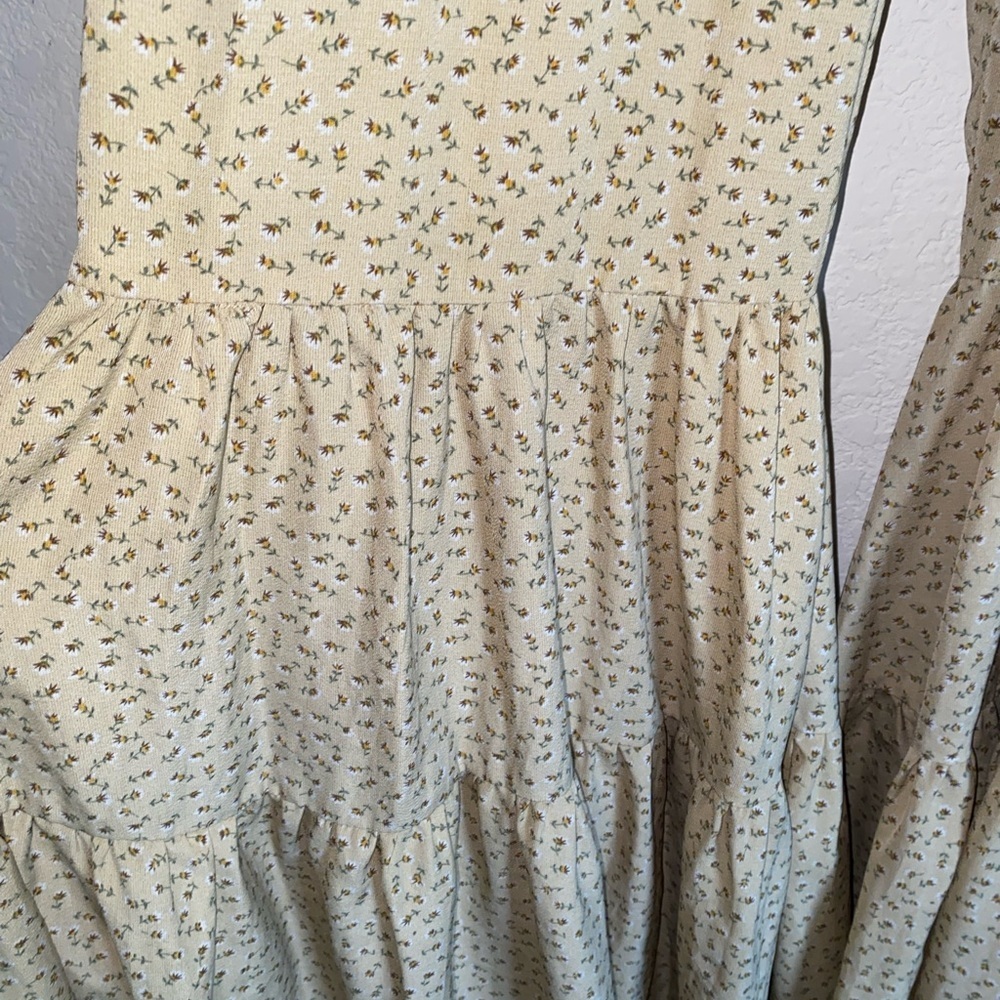 Storia Smocked Boho Hippie Ruffle-Hem Bell Bottom Floral Jumpsuit Mustard M - Picture 12 of 16